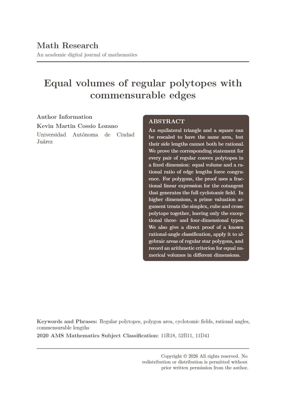 Equal volumes of regular polytopes with commensurable edges